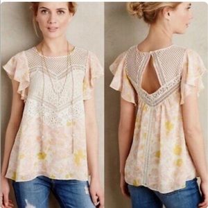 Anthropologie HD in Paris Flutter Flores Blouse Pink and Yellow Floral Crochet